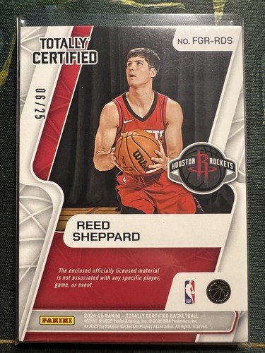 2024-25 Totally Certified Reed Sheppard Platinum Camo Jersey card # 6/25 Rockets - Picture 2 of 2