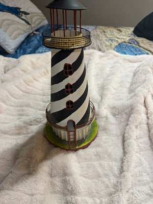 Nautical Lighthouse Figurine 3D Effect Painted Metal Black & White Striped