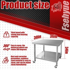 30x36x34 Inch Work Table 3-Stage Adjustable Shelf with 4 Wheels Stainless Steel