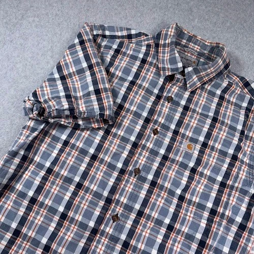 Carhartt Button Down Shirt Mens Medium Blue Orange Plaid short sleeve Work