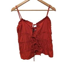 H&M Divided Drawstring-Detail Camisole Top Red Woven Linen Ruffle Trim Coquette