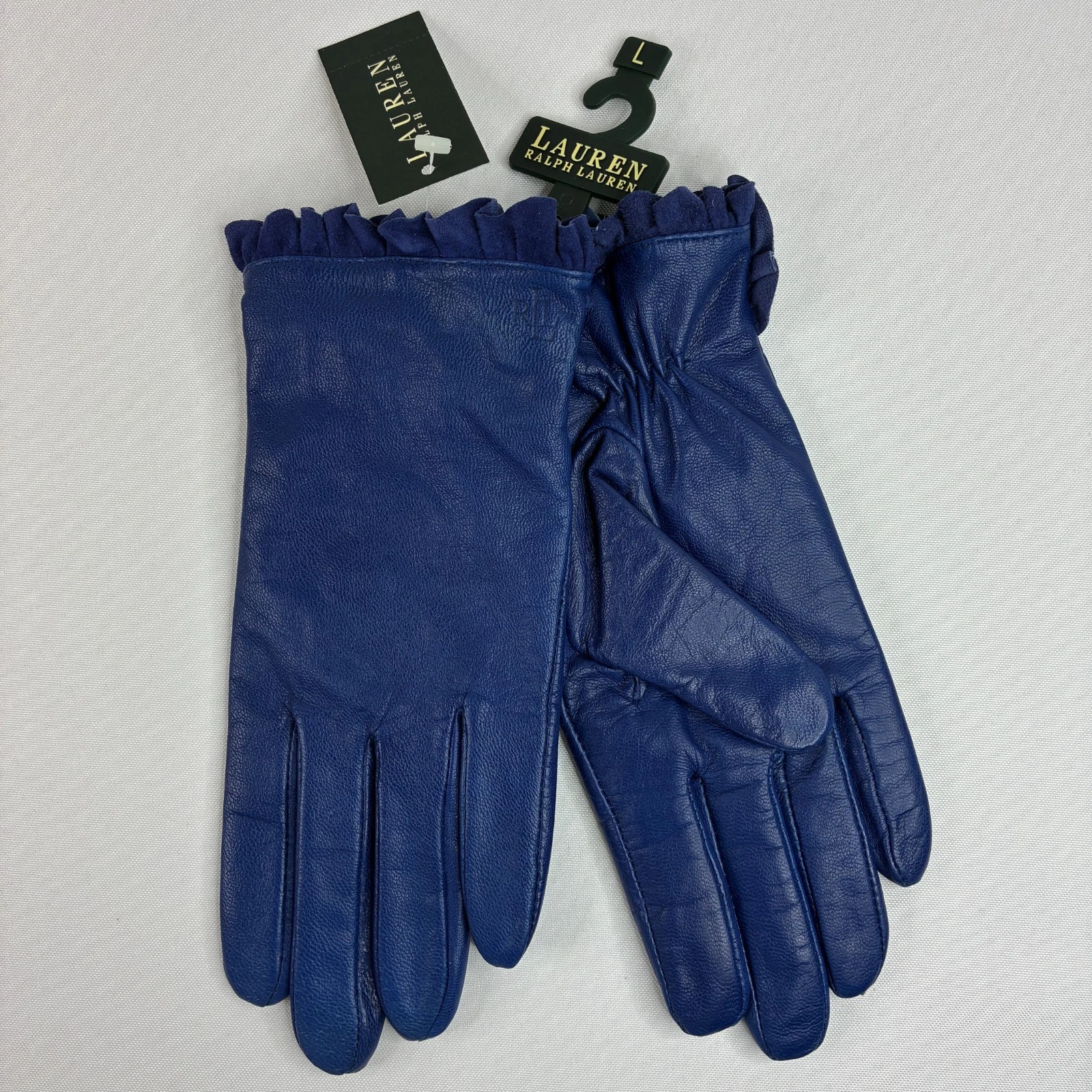 New Lauren Ralph Lauren Size Large Women's Blue Leather Ruffle Gloves 461178 419