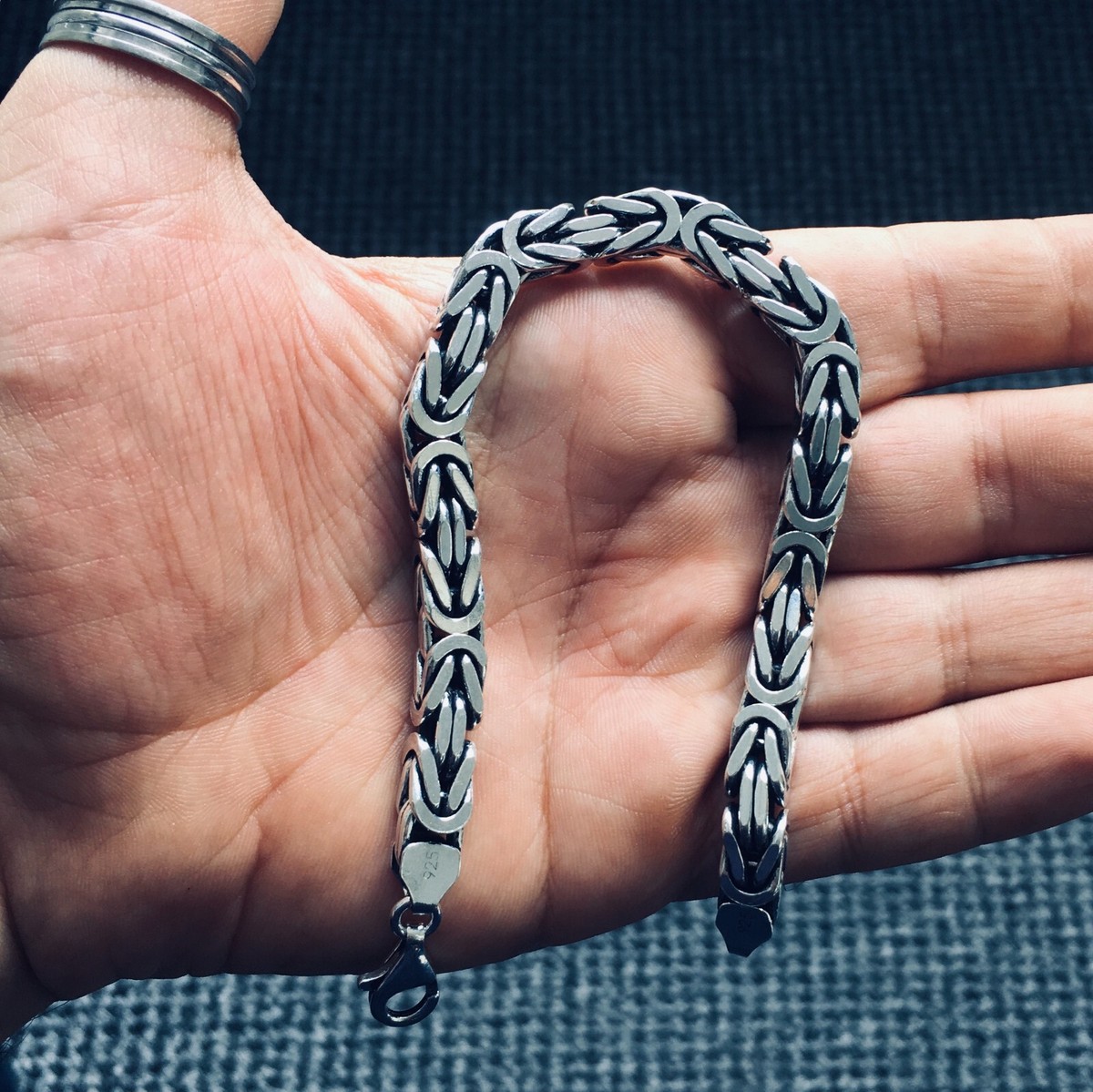 Silver Byzantine Bracelet Solid 7x7mm Chain 925 Sterling Classic