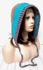 handmade crochet womans pixie hood hat scoodie groot blue blend new