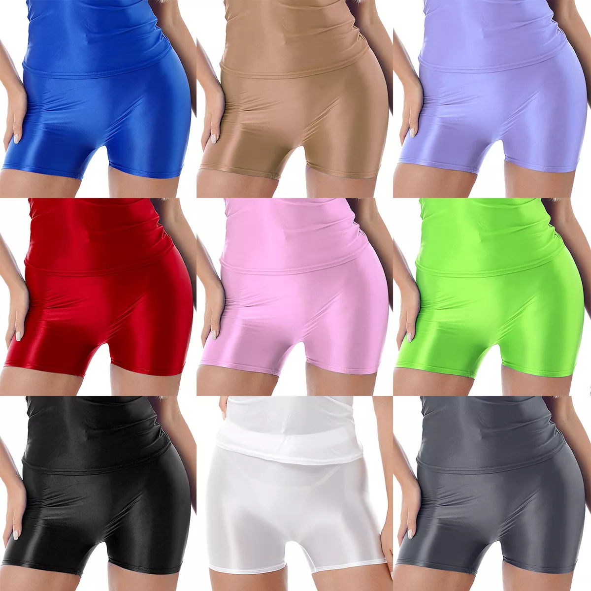 Women Smooth Glossy Shorts Mid Waist Yoga Swim Workout Stretchy Short  Leggings