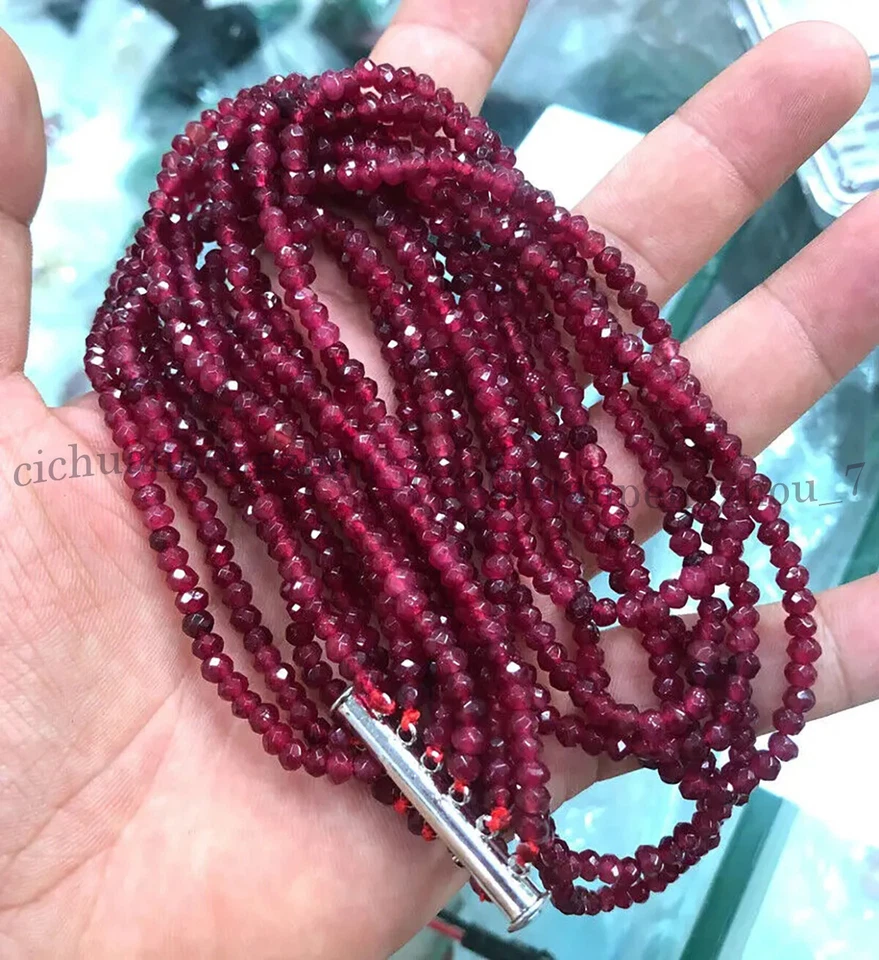 Natural 6 Rows 2x4mm Faceted Red Garnet Rondelle Gemstone Beads Necklace 17-22'' - Image 3 of 4