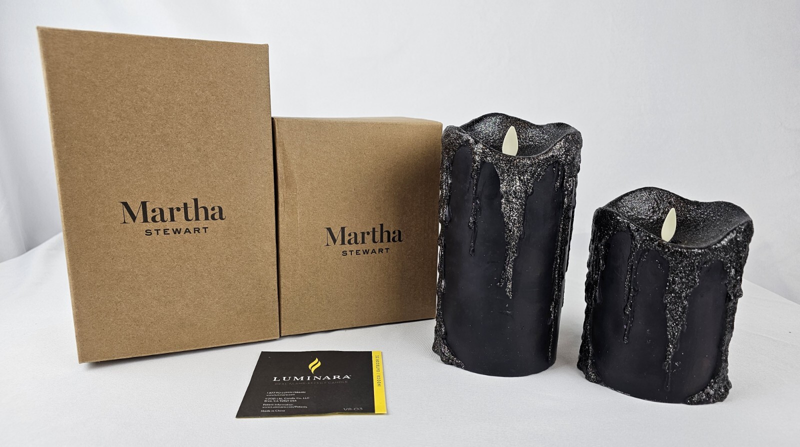 New 2 LUMINARA Martha Stewart Flameless Pillar Candles Glitter Wax