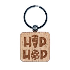 Bunny Hip Hop Carrot and Easter Egg Engraved Wood Square Keychain Tag Charm