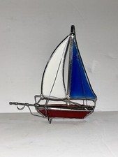 Leaded Stained Glass Suncatcher Red White And Blue Sail Boat Hanging Window