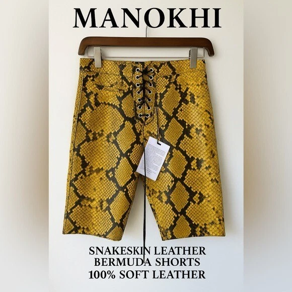 Bermudas Manokhi Amarillas de Cuero de Serpiente M Nuevas con Etiquetas Con Cordones Motociclista Cintura Alta
