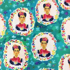 Frida Kahlo cotton fabric teal blue green Mexican artist quilting craft