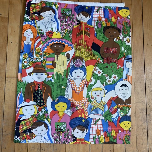 Vintage Children Of The World Lined Curtains Retro 70’s Set Of 2 Panels Valance - Picture 2 of 6