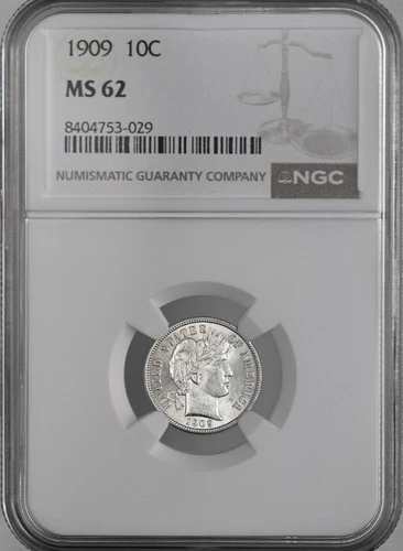 1909-P  10C  BARBER SILVER DIME  "PHILADELPHIA"  NGC MS62  #8404753-029