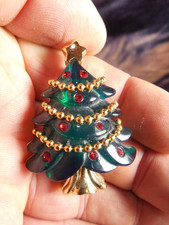 Signed AK Anne Klein Christmas Tree Brooch Lucite Tree Red Crystal Gold Star Etc