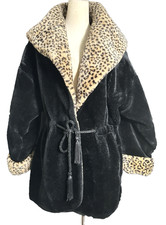 Vintage DONA LUCCI Black  Leopard Trim Faux Fur VERY PLUSH Hooded Jacket Coat M