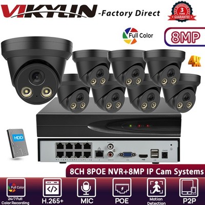 VIKYLIN 8CH 8POE NVR System Turret 24h Full Color 8MP 4K IP CAMERA Black MIC Lot