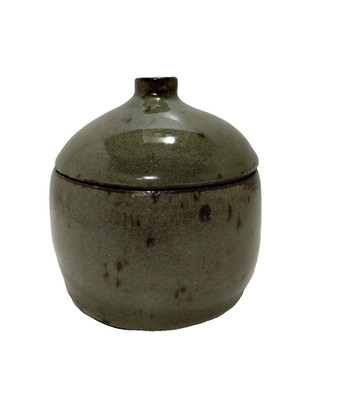 Vtg STUDIO ART POTTERY~Pot or Jar w/Lid~Signed~5.5''~Olive Green Glaze~Heavy~XLNT