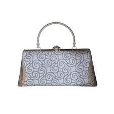 Silver Metallic Jacquard Evening Clutch Bag Metal Frame Wedding Party Purse New