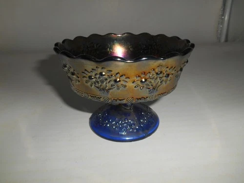Nice Fenton Cobalt Blue Carnival  Glass Orange Tree pattern 3.25" Footed Compote