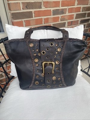 Chi By Carlos Falchi Brown Leather Embroider Tote Shoulder Bag W/Brass Eyelets