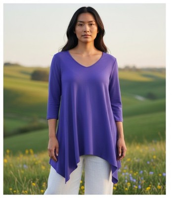 Clara Sun Woo Large 12 14 Top Tunic Shirt Blue Purple Shark Bite Hem Stretch R