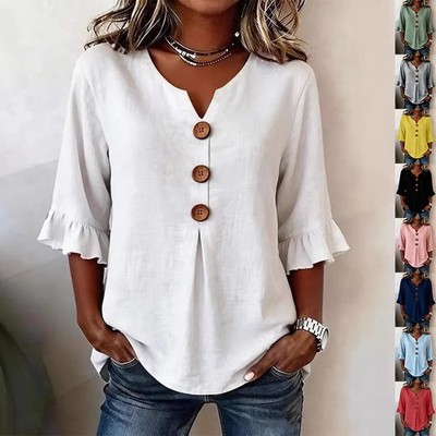 Summer Ruffled-Sleeve Top Loose Casual V-Neck Buttons Short-sleeved Shirts Women