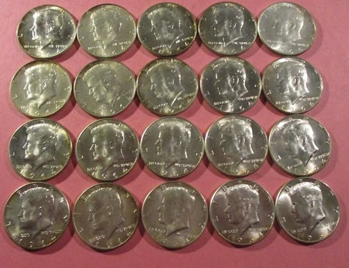 1964-D JOHN F. KENNRDY SIVER HALF DOLLARS. FULL ROLL OF 20. UNCIRCULATED,