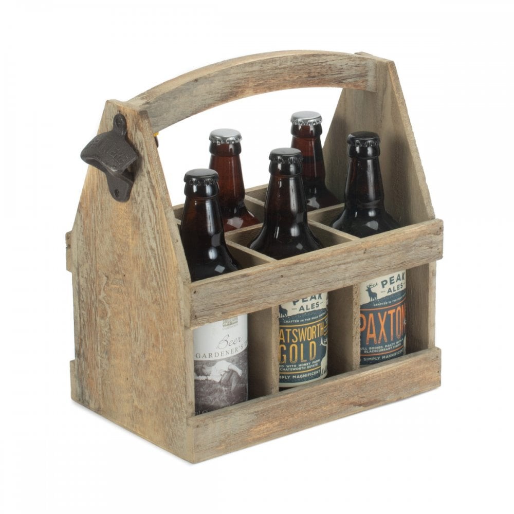 Oak Effect 6 Beer Bottle Carrier With Bottle Opener Christmas Fathers Day Gift!