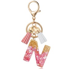 Initial Letter Keychain Cute Resin with Two PU Leather Tassels Lotus Pink N