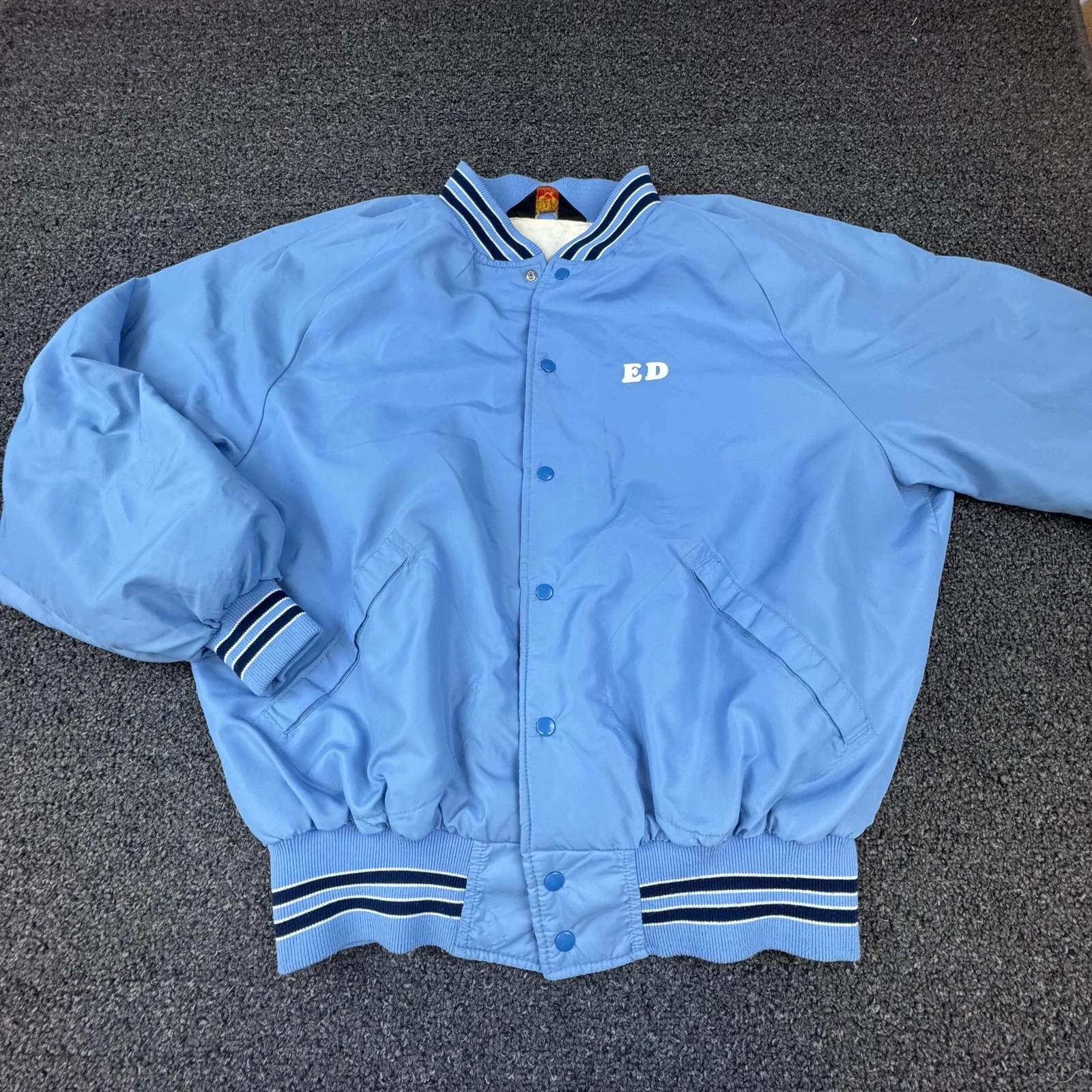 Vtg Pla-Jac Jacket Mens 48 Blue Bomber Collared Lined Insulated Embroidered Snap