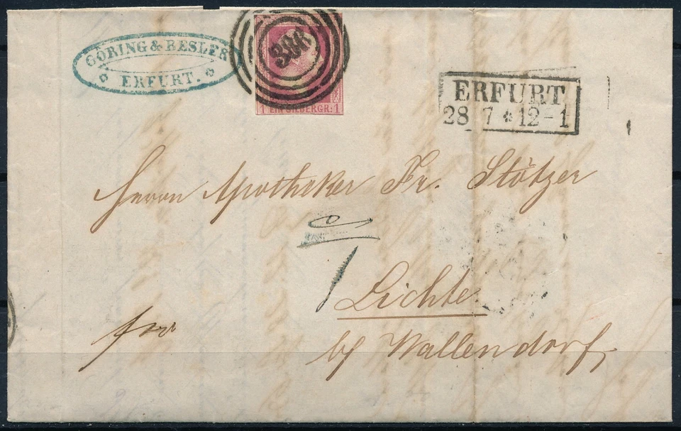 GERMANY 1858, ENTIRE FOLD COVER LETTER FROM ERFURT TO WALLENDORF. #A914 - Image 2 of 3