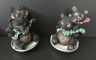 Black Bear Cubs Flying Saucer Sledding Christmas Tree Holiday Ornament Set Of 2