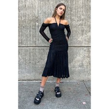 Ganni Black Stretch Lace Gathered Long Sleeve Midi Dress Size 36/S NWT