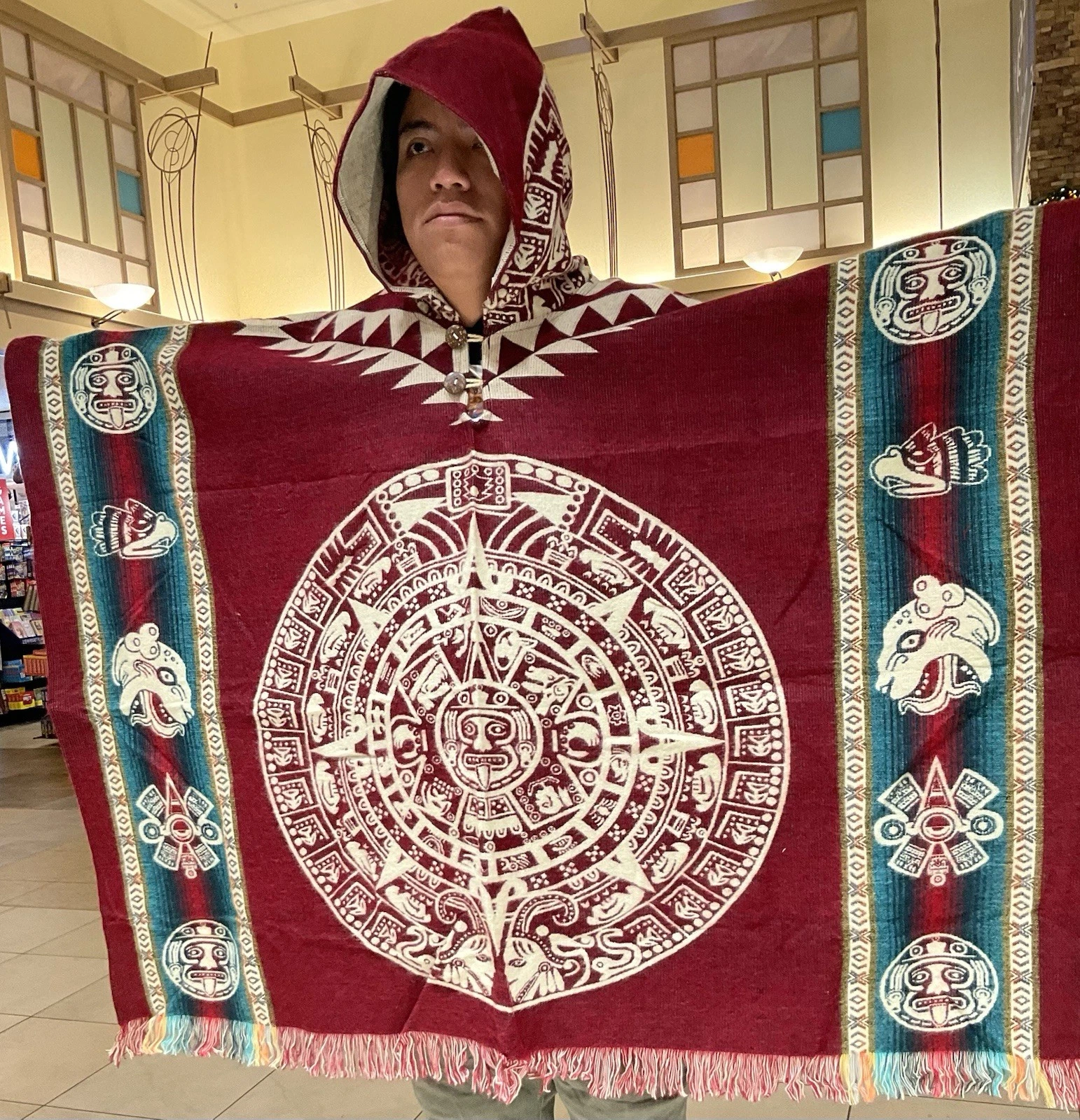 ALPACA WOOL PONCHO, AZTEC CALENDAR, Red, Soft & Warm, Hooded, Made In Ecuador