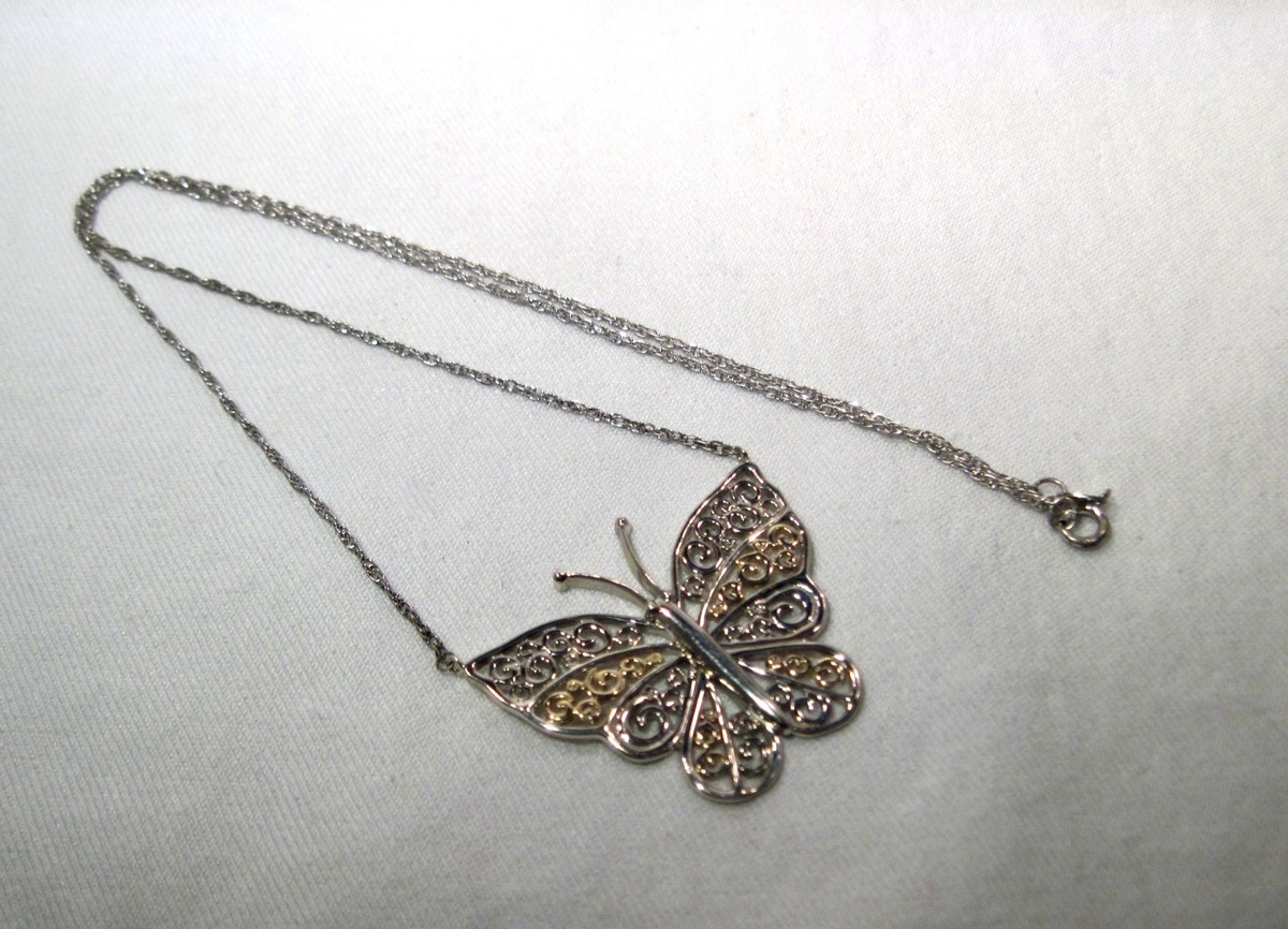 Sterling Silver 10K Two Tone Butterfly Bib Pendant Necklace