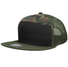 Decky Trucker Hat - Black Camo & Olive 7 Panel Cotton Snapback 1133-BLKWDLOLV