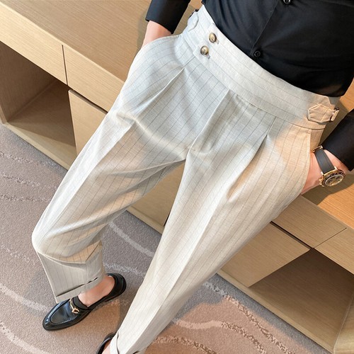 Mens Naples Slim High Waist Gurkha British Trousers Striped Business ...