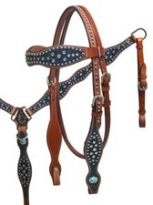 Western Saddle Horse Bling Teal Leather Tack Set Bridle  Breast Collar
