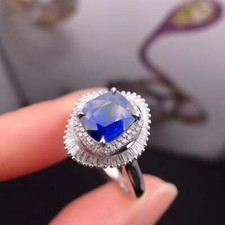 Pretty Royal Blue Cushion Cut 1.69CT Sapphire With 2.84CT Clear CZ Cluster Ring