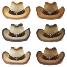 Men Women Retro Western Cowboy Riding Hat Leather Belt Wide Brim Cap Straw Hat