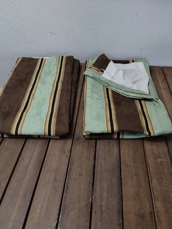 Panel Cortina Forrado Verde Marrón Waverly Capulet Rayas Pergamino 2 Piezas 50x84" Usado en Excelente Condición Foto 2 de 4