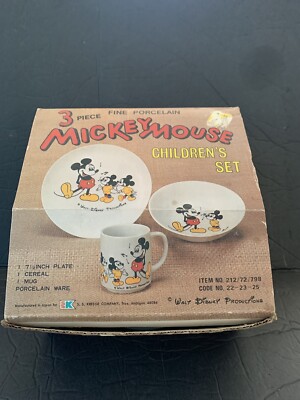 Disney Mickey Mouse Child's 3 Pc Porcelain Dinner Set Plate Bowl Mug NIB Japan