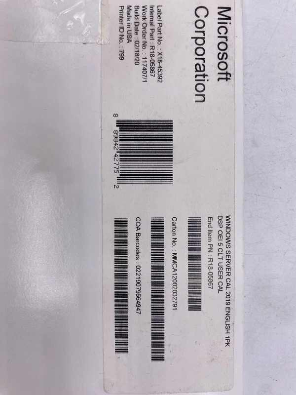 MICROSOFT OEM R18-05867 MICROSOFT SERVER 2019 5 USER CAL LICENSE - Image 2 of 4