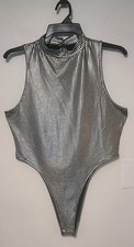 Silver Sleeveless Bodysuit. Mock Turtle Neck W Keyhole Button . Size XL