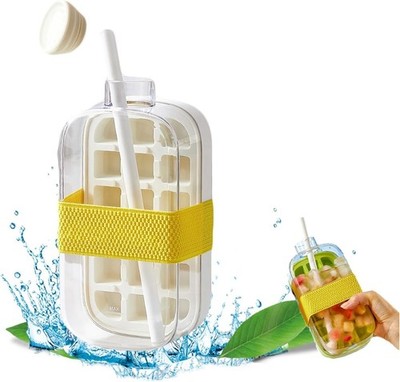 2-in-1 Ice Cube Bottle with Straw - Easy Press Ice Tray Water Bottle, Leak Proof