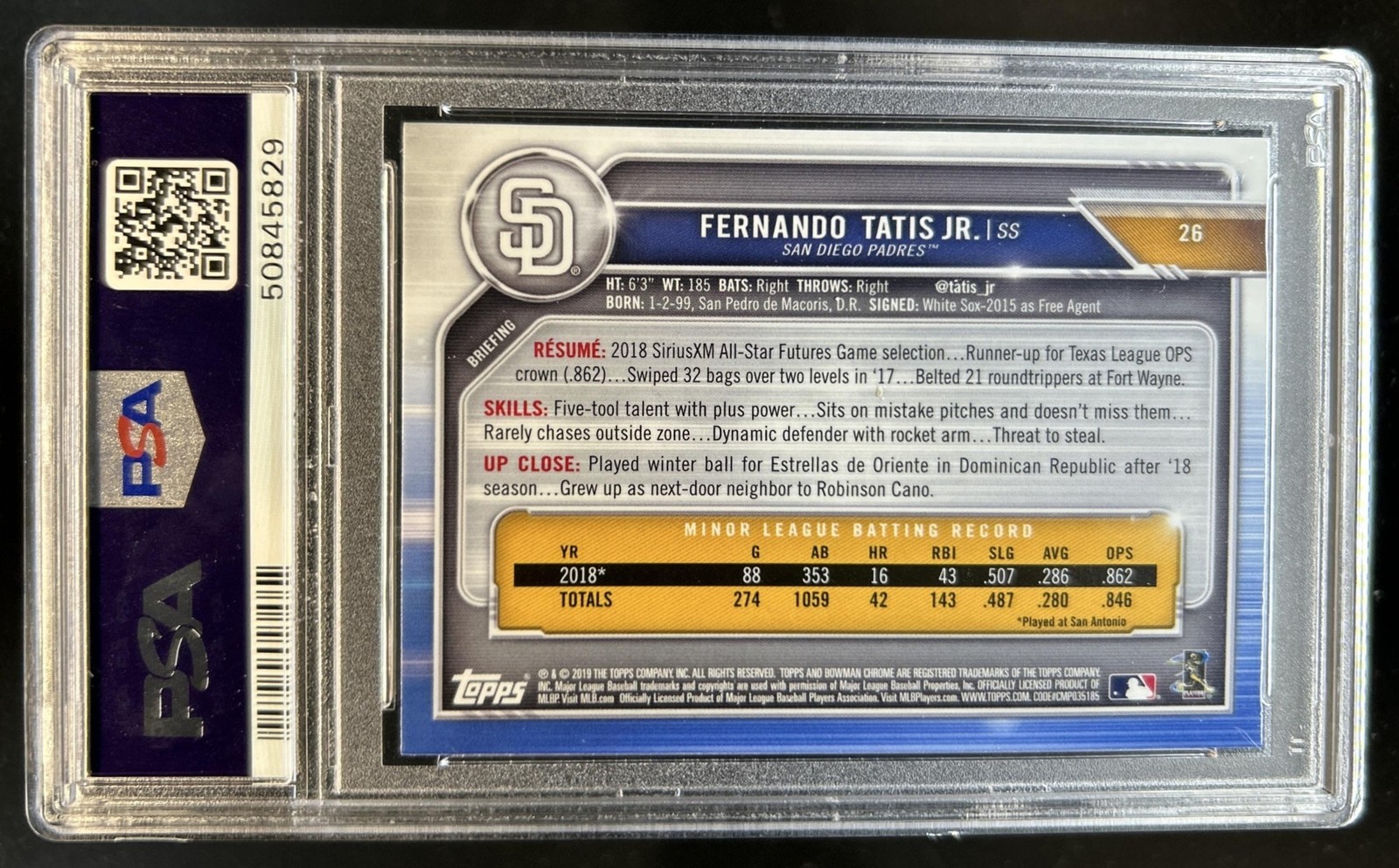 2019 Bowman Chrome Fernando Tatis Jr. RC Rookie #26 Padres PSA 10 GEM MINT view 2