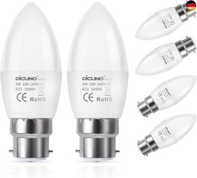 DiCUNO B22 LED Lampe 6W, Kaltweiß 5000K, ersetzt 40W Halogen, 410lm, CRI 98 