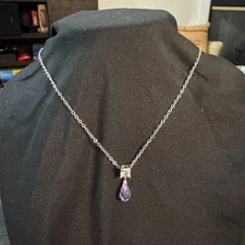 Laila Rowe Silver Tone Necklace W/Purple Teardrop & Clear Crystal Pendant 14"