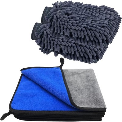 3er Mikrofasertücher & 2 Waschhandschuhe    Auto Pflege Set 600GSM