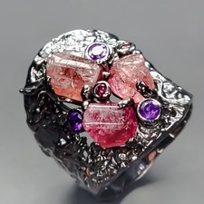 Rough gem unique Natural Tourmaline Ring 925 Sterling Silver Size 8 /R433197